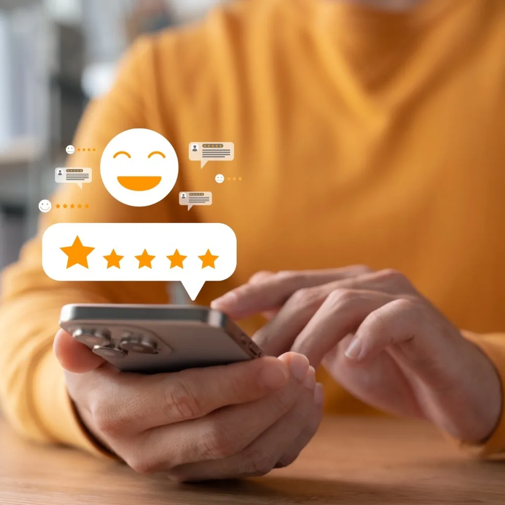 A person using a smartphone, with five-star rating and review icons floating above the screen
