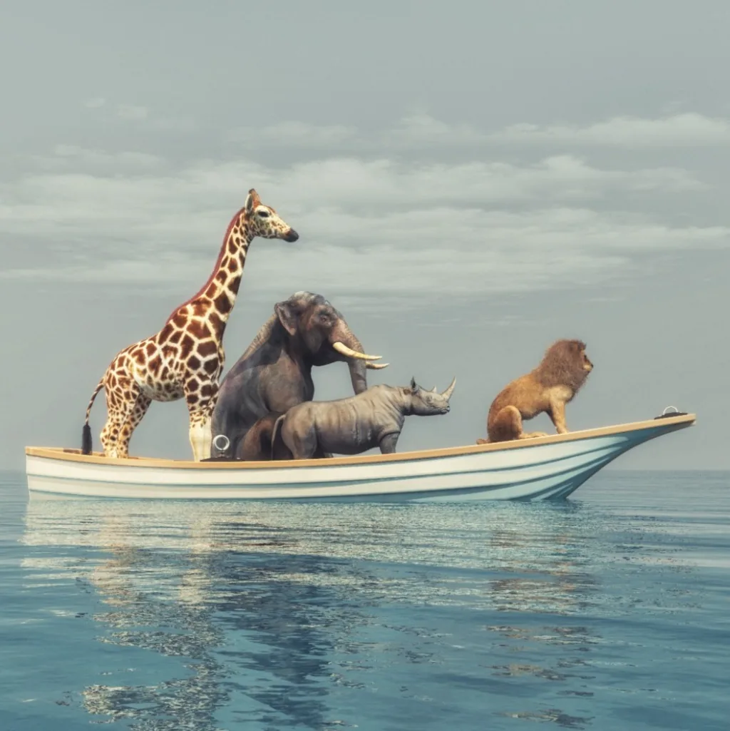 A giraffe, elephant, rhinoceros and lion standing together in a small boat on calm water